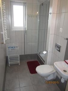 a bathroom with a toilet and a sink and a shower at Apartamenty Obok Ruin in Trzęsacz