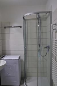 een badkamer met een douche, een toilet en een wastafel bij Urlaub-Fehmarn-Südstrand in Fehmarn