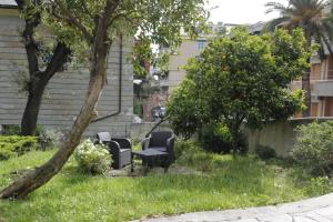 une cour avec des chaises et des arbres dans l'herbe dans l'établissement AL VILLINO DUSE, à Gênes