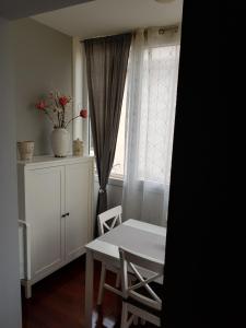 einen Tisch und einen Stuhl in einem Zimmer mit Fenster in der Unterkunft Cozy apartment in Rovinj in Rovinj