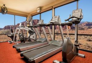 a gym with tread machines and views of the grand canyon at Capitol Reef Resort in Torrey
