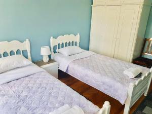2 Betten in einem Schlafzimmer mit blauen Wänden in der Unterkunft Sweet Home at Ninoshvili 3 in Batumi