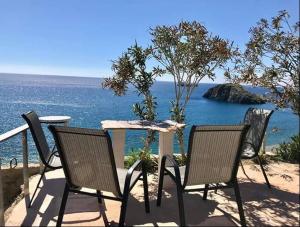 a patio with a table and chairs and the ocean at Beach View in Kaloi Limenes