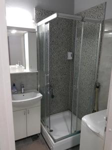 uma casa de banho com um chuveiro e um lavatório. em Godfather Luxory Living Apartment em Niš