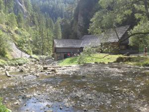 una cabaña de madera junto a un río en una montaña en Chata Bešeňová, en Bešeňová 17 fotos más