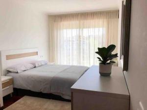 1 dormitorio con 1 cama y una maceta en Apartamento Playa de Rodeira, en Cangas de Morrazo