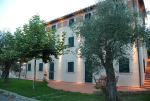 a white house with trees in front of it at La Libellula- casale panoramico con piscina in Versilia in Massarosa