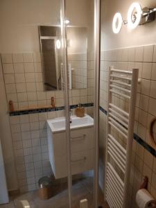 a bathroom with a sink and a mirror at Les Fayettes in Montregard +24 photos