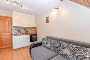 a living room with a couch and a kitchen at Nida Apartments in Nida