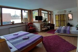 a bedroom with two beds and a large window at Hostel Pansion Lion in Sarajevo