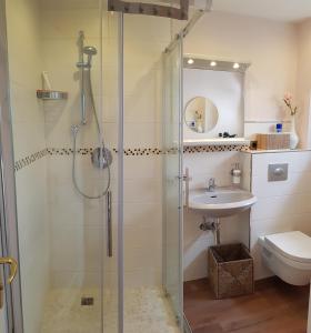 a bathroom with a shower and a sink at Ferienwohnung Knurrhahn in Ostseebad Karlshagen