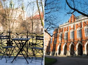 dos fotos de un edificio con una mesa delante en Pokoje Bagatela Stare Miasto, en Cracovia