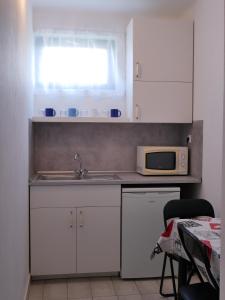 eine Küche mit einer Spüle und einer Mikrowelle in der Unterkunft Herőke Vendégház in Terény