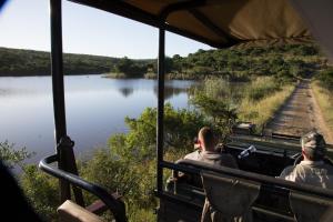 Due uomini seduti su un pullman che guardano un fiume di Premier Resort Mpongo Private Game Reserve a Macleantown