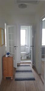 a white bathroom with a toilet and a window at My Bureau Apartment in Korsør