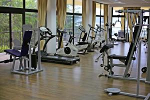 a gym with a bunch of exercise bikes and treadmills at Hotel Metropol – Metropol Lake Resort in Ohrid