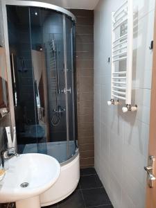 a bathroom with a sink and a glass shower at Hotel Tbiliseli in Tbilisi City