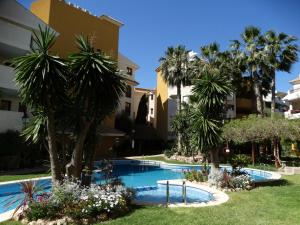 uma piscina de resort com palmeiras e edifícios em Apartamento Panorama View, Panorama Park, Punta Prima, Torrevieja em Torrevieja
