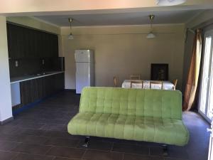 a green couch in a room with a kitchen at Tsoutsis Apartments in Marantochori