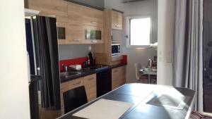uma cozinha com armários de madeira e um frigorífico preto em Loft dans cadre de verdure em Ceyreste