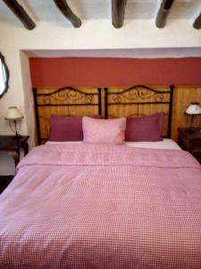 een slaapkamer met een groot bed met paarse kussens bij Casa La Rosa in Almedinilla