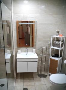 ein Badezimmer mit einem Waschbecken, einem WC und einem Spiegel in der Unterkunft Atlantico Flat Douro in Porto
