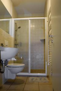 W łazience znajduje się prysznic, umywalka i toaleta. w obiekcie Hostel Alieti w mieście Izola