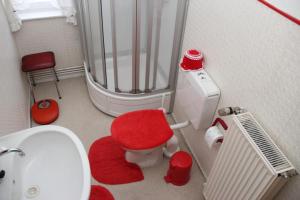 uma pequena casa de banho com um WC vermelho e um chuveiro em Pension Haus Martha em Bad Grund