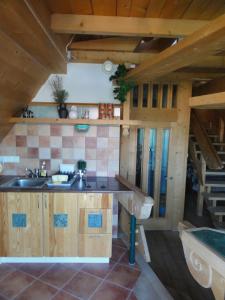 una cocina en una cabaña de madera con fregadero en Apart-Med, en Zakopane