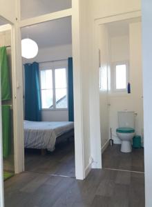 um quarto com uma cama e um WC num quarto em Appt 2ème étage sur l’ile de Saumur em Saumur