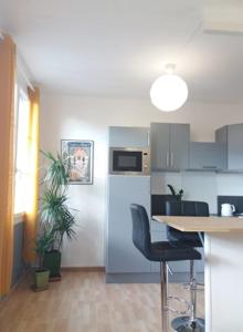 uma cozinha com um frigorífico e uma mesa com cadeiras em Appt 2ème étage sur l’ile de Saumur em Saumur