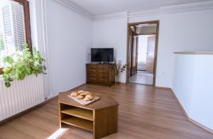 a living room with a table and a tv at Apartmaji Baron in Bled