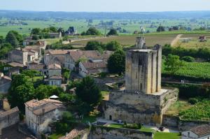 an aerial view of a village with a castle at Coup 2 Foudres in Saint-Jean-de-Blaignac