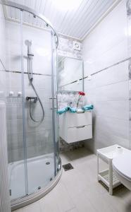 a bathroom with a shower and a sink at Apartmaji Baron in Bled +29 photos