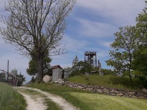 un chemin de terre à côté d'un mur de pierre et d'une tour dans l'établissement Hartl Apartments, à Kirchberg ob der Donau