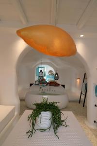 a bedroom with a large bed with a plant in it at Naxos Cave Suites in Stelida