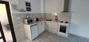 a small kitchen with a stove and a microwave at River House Buna in Mostar +25 photos