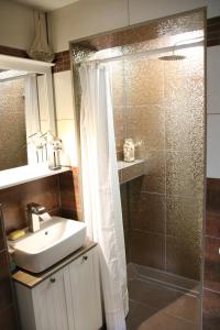 y baño con lavabo y ducha con cortina de ducha. en Ferienwohnung Dein Ostseetrip, en Kühlungsborn