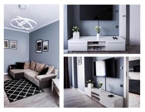 three pictures of a living room with a couch and a tv at Apartamenty France Faktura VAT in Koszalin