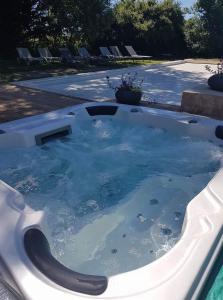 un jacuzzi lleno de agua en un patio en Le Mas Neuf des Greses, en Canaules-et-Argentières