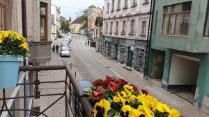a balcony with a bunch of flowers on a street at Rīgas 20/1 apartaments in Cēsis