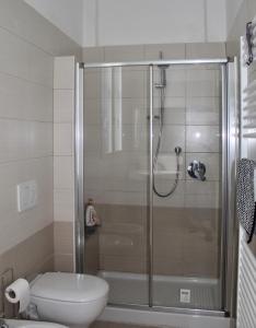 a bathroom with a shower and a toilet at The Beach House in Lavagna