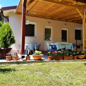 a patio with a table and chairs and potted plants at Apartments Pinikot in Star Dojran