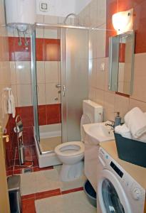 ein Badezimmer mit einem WC, einer Dusche und einer Waschmaschine in der Unterkunft Apartment Tina in Komiža