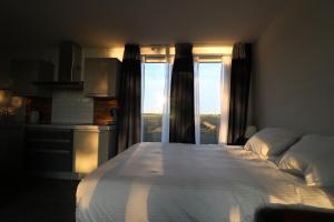 um quarto com uma cama grande e uma janela em Waegen Uus em Wolphaartsdijk