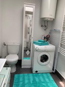 La salle de bains est pourvue d'un lave-linge et de toilettes. dans l'établissement Monteview Loft Apartment, à Herceg-Novi