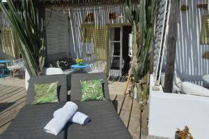 two benches on a deck with cacti at Sea Side Studios & Houses in Kalo Livadi