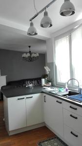 una cucina con armadi bianchi e piano di lavoro nero di arcueil ad Arcueil