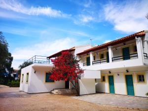 a white house with a red tree in front of it at Nikoli Apartments in Benitses