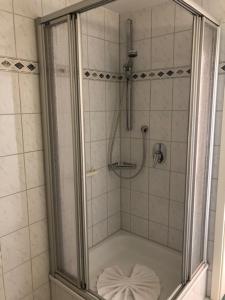 una doccia con una porta in vetro in un bagno di Norishütte a Mittelberg